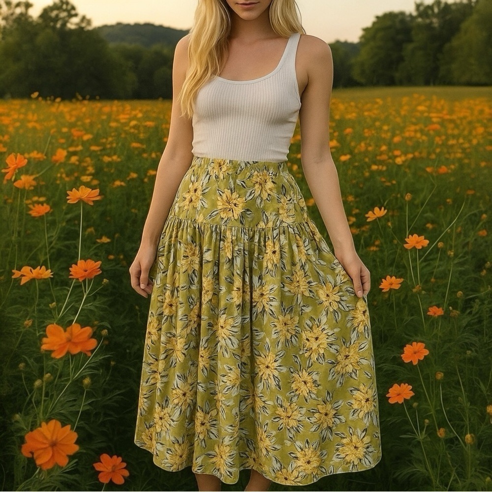VINTAGE NORMA KAMALI Floral‎ Print Midi Skirt